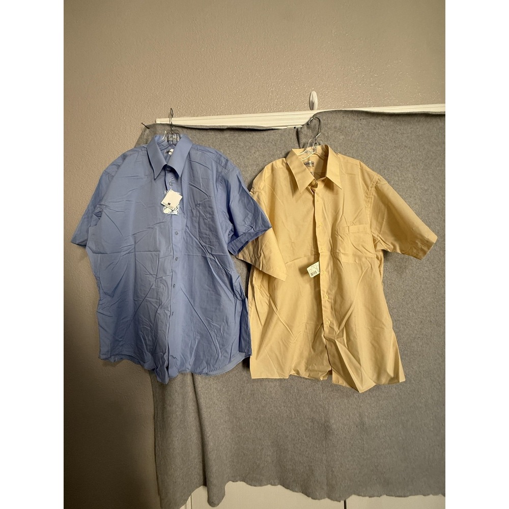 Van Heusen Gerald Austin Dress Shirt Mens‎ 18.5 Yellow Blue Short Sleeve 2 Piece